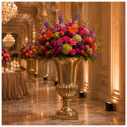 A large ornate gold urn-style floral arrangement filled with vibrant pink, purple, orange, and green flowers, displayed in a grand elegant hallway with marble floors and chandeliers.