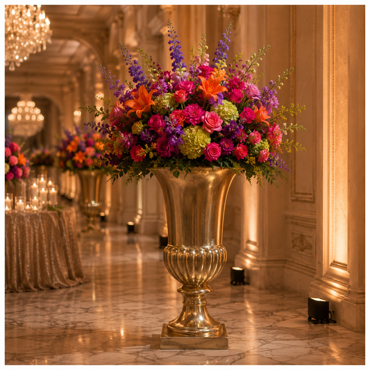 A large ornate gold urn-style floral arrangement filled with vibrant pink, purple, orange, and green flowers, displayed in a grand elegant hallway with marble floors and chandeliers.