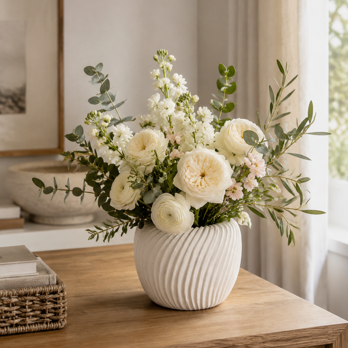 A white ribbed ceramic vase filled with a floral arrangement of cream roses, white filler flowers, and green eucalyptus leaves, displayed on a wooden console table in a softly lit room.