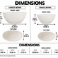 A dimension chart showing measurements for a large and small white textured bowl, with front, top, and depth views and approximate dimensions listed in inches.