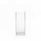 A clear glass tall vase with a square base and a flared, slightly curved top, shown against a solid white background.