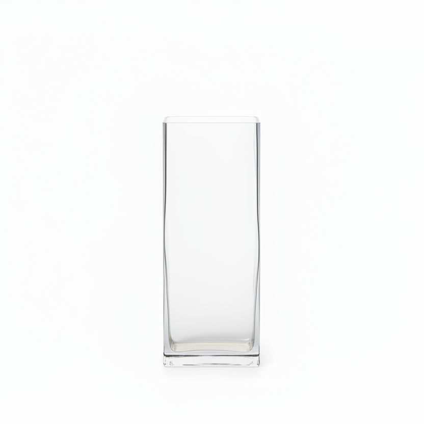 A clear glass tall vase with a square base and a flared, slightly curved top, shown against a solid white background.