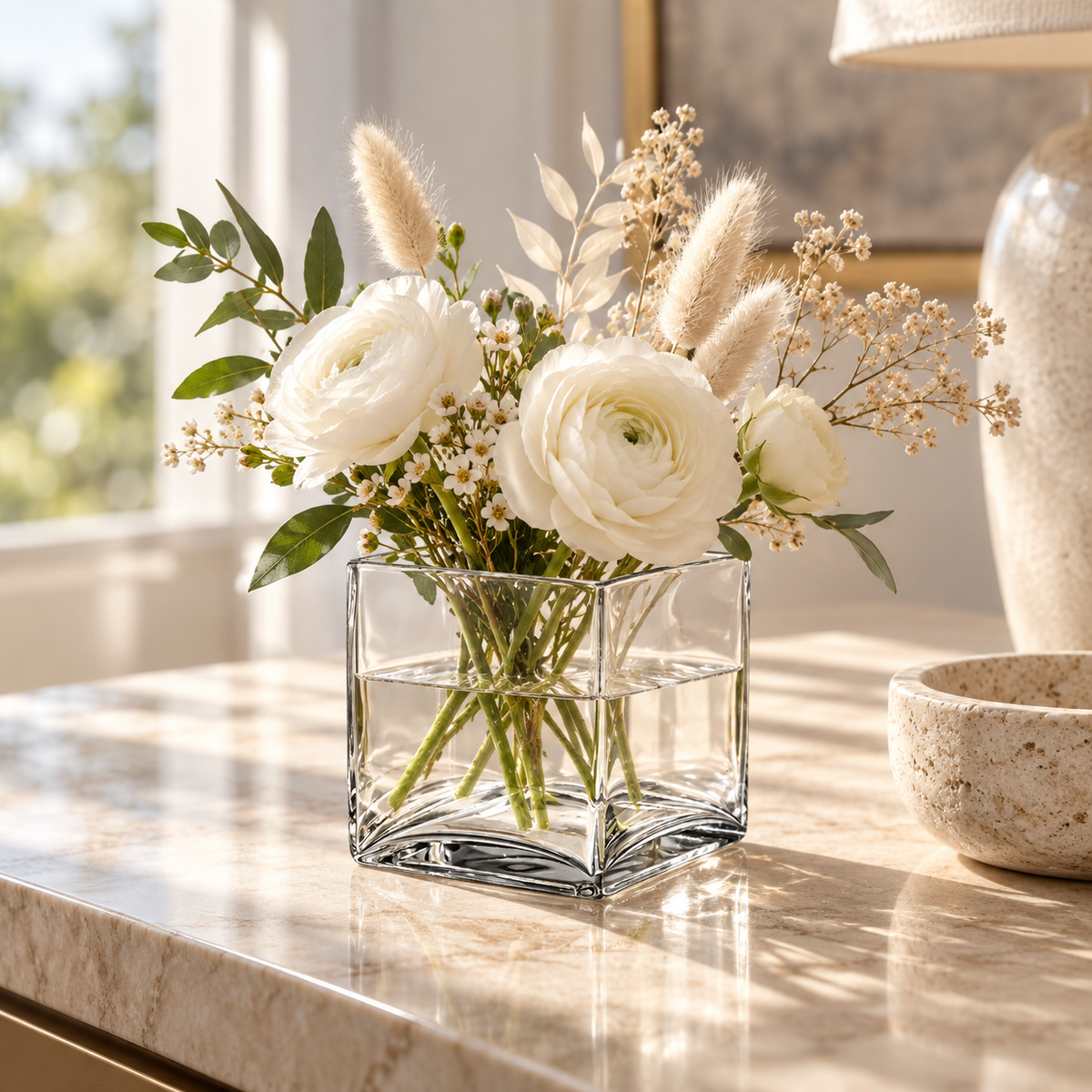 A clear square glass vase filled with white ranunculus flowers, green foliage, and beige pampas grass, styled on a marble countertop in a bright, sunlit room.