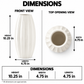 A dimension diagram showing a white ribbed ceramic vase from the front and top, with labeled measurements for height 10.25 in, width 4.