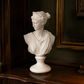 A white classical-style bust sculpture of a woman with her hair in a bun, displayed on a dark wooden table in a vintage library setting with bookshelves and a lamp in the background.