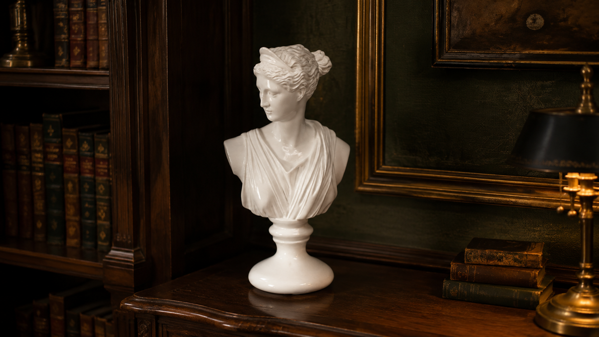 A white classical-style bust sculpture of a woman with her hair in a bun, displayed on a dark wooden table in a vintage library setting with bookshelves and a lamp in the background.