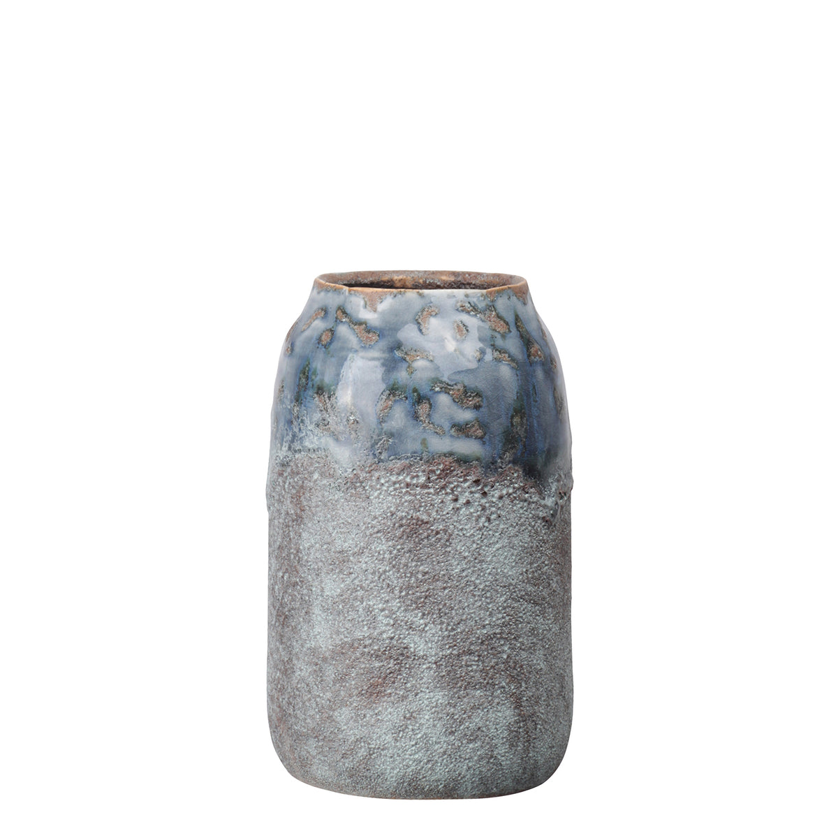 Ceramic vase with textured blue and gray design on a white background