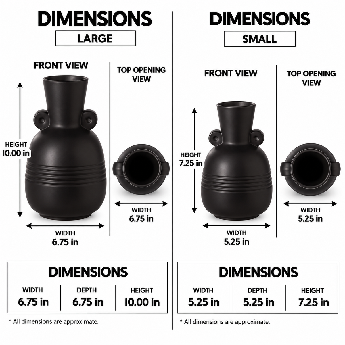 A dimension chart showing front and top opening views for large and small versions of a matte black ceramic vase, with measurements for height, width, and depth on a white background.