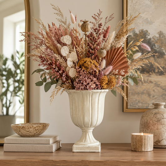 A large white classical-style urn vase filled with a decorative dried floral arrangement in muted pink, beige, tan, and brown tones, displayed on a wooden console table in a warm interior setting.