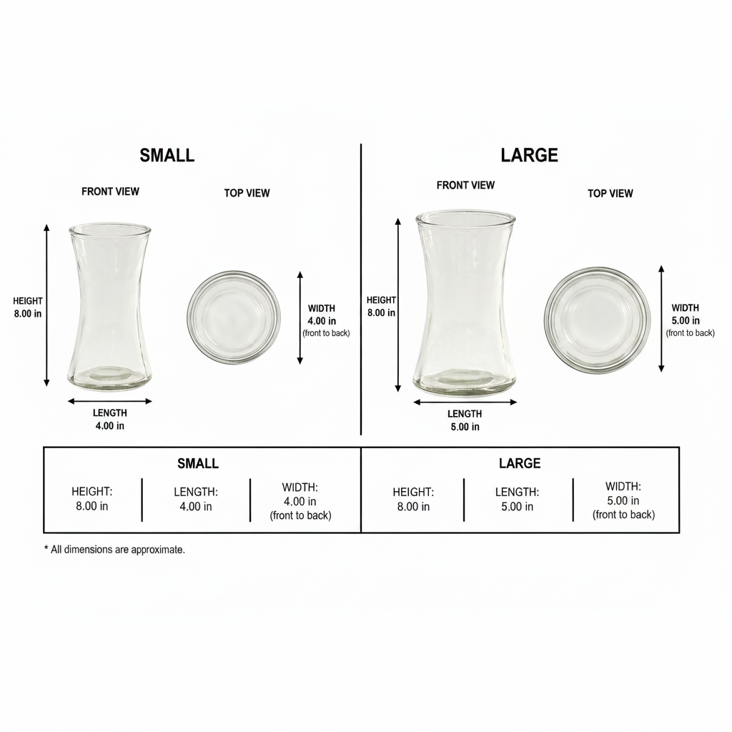 A dimension chart for a clear glass vase, showing front and top views for both small and large sizes with approximate measurements in a black-and-white layout.