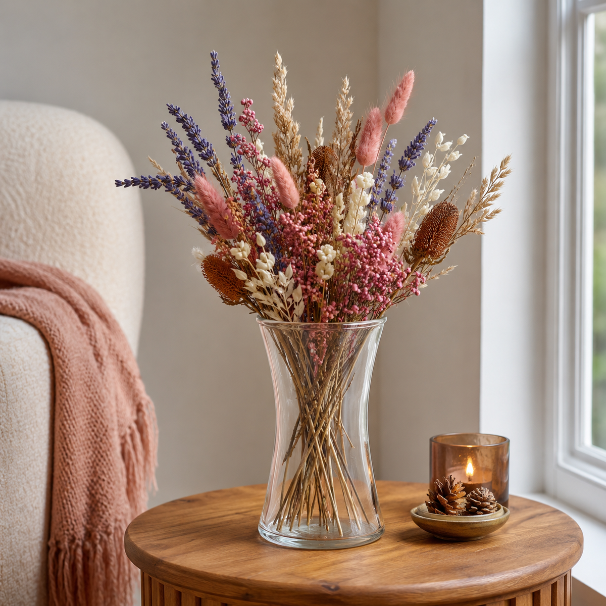 A clear glass vase filled with a dried floral arrangement in soft pink, cream, purple, and tan tones, placed on a round wooden table beside a lit candle in a home interior setting.