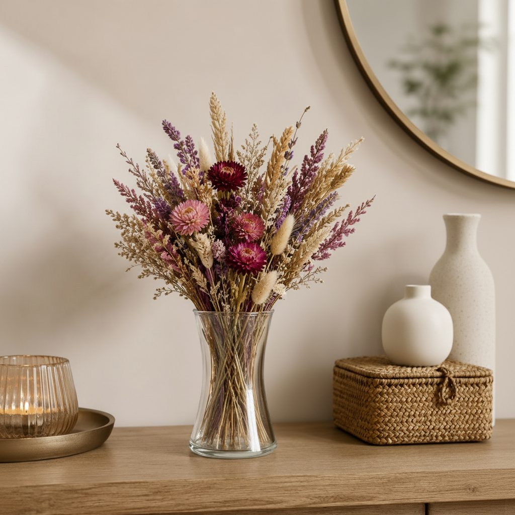 A clear glass vase filled with a dried floral arrangement in muted pink, burgundy, beige, and purple tones, styled on a wooden console table in a warm interior setting.