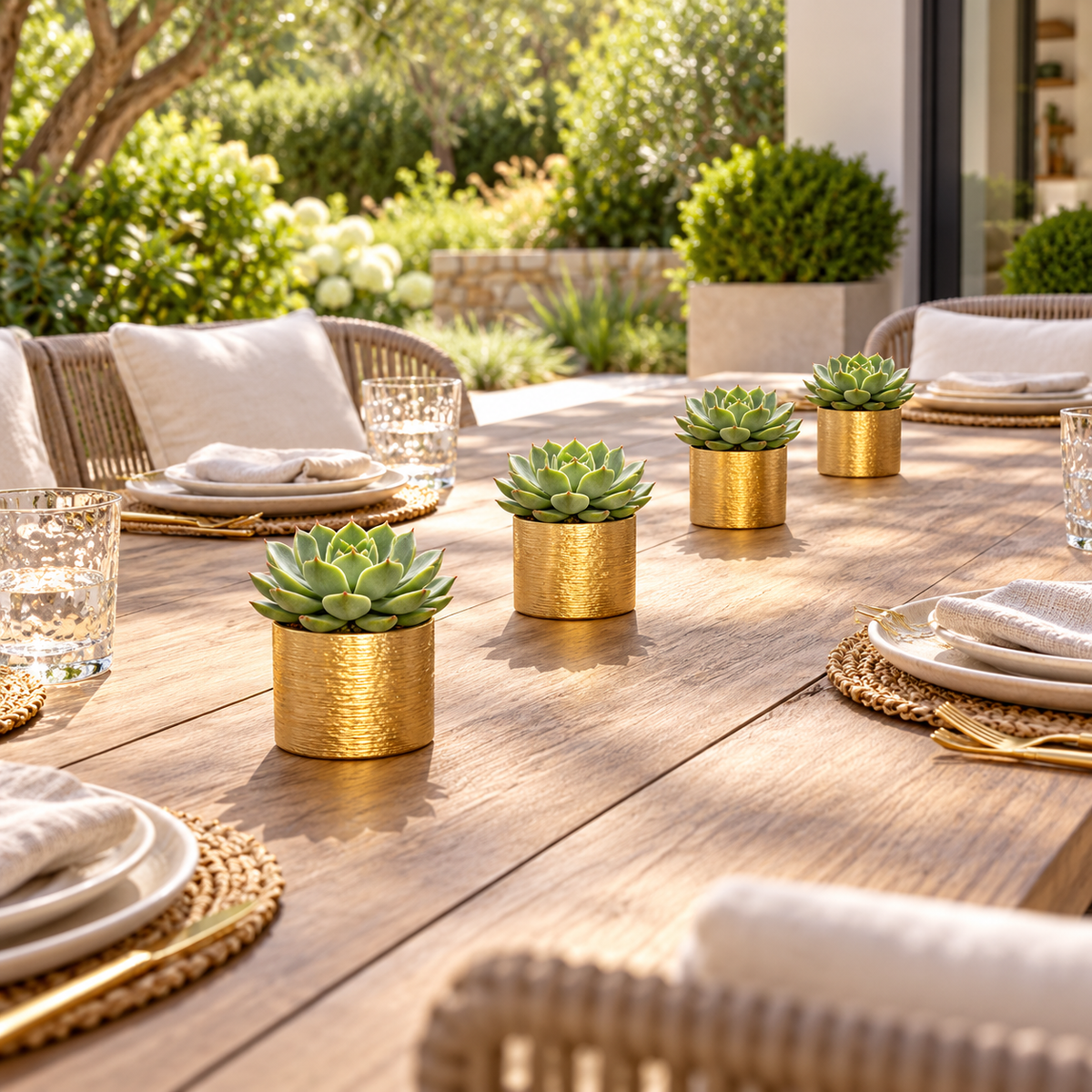 Three small green succulent plants in textured gold cylindrical pots arranged on a wooden dining table in an outdoor patio setting with woven chairs, plates, and glasses.