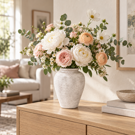 A floral arrangement in a textured light gray ceramic vase, placed on a wooden console table in a softly lit living room. The bouquet features white and blush pink roses, peach ranunculus, daisies, and green eucalyptus leaves.