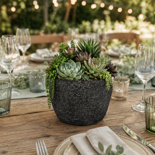 A dark textured stone planter filled with assorted green succulent plants, styled on a wooden outdoor dining table with plates, wine glasses, and candles.