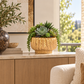A gold textured ceramic planter filled with green succulents and trailing plants, displayed on a light wood console table in a modern living room setting.