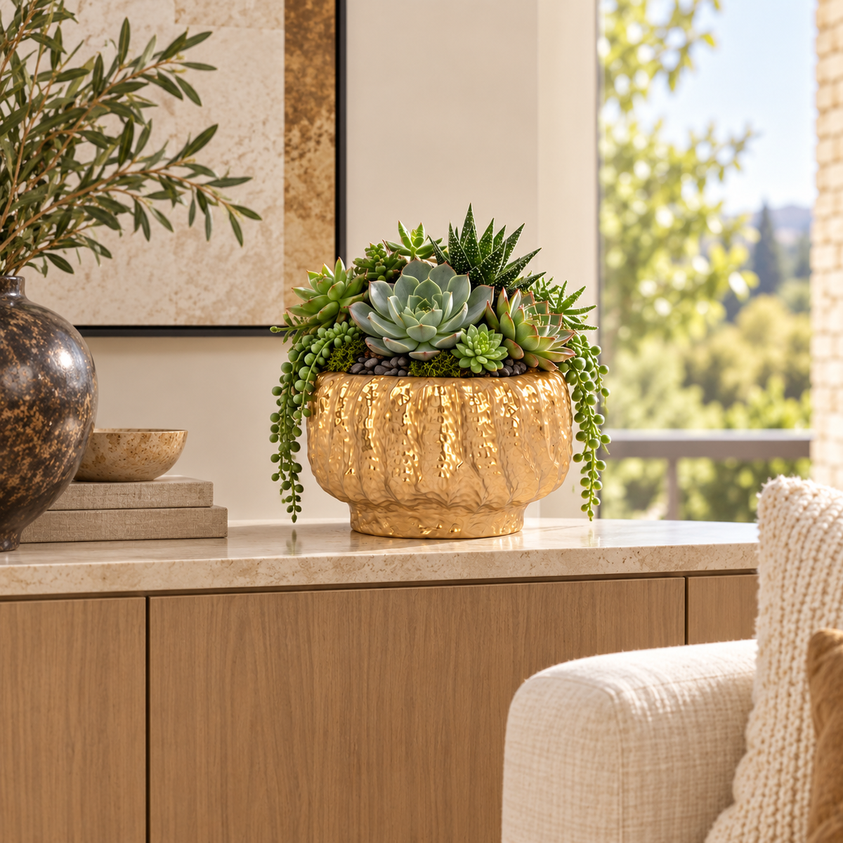 A gold textured ceramic planter filled with green succulents and trailing plants, displayed on a light wood console table in a modern living room setting.