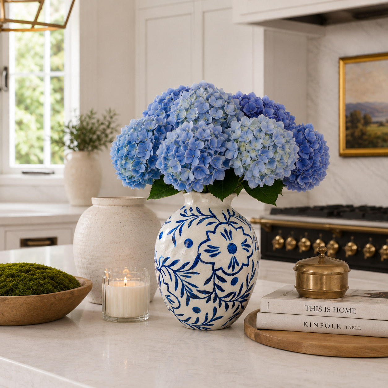STILL IN PORT - Globular Ceramic Vase With Pinched Neck and Stylized Cobalt Floral Motif Blue