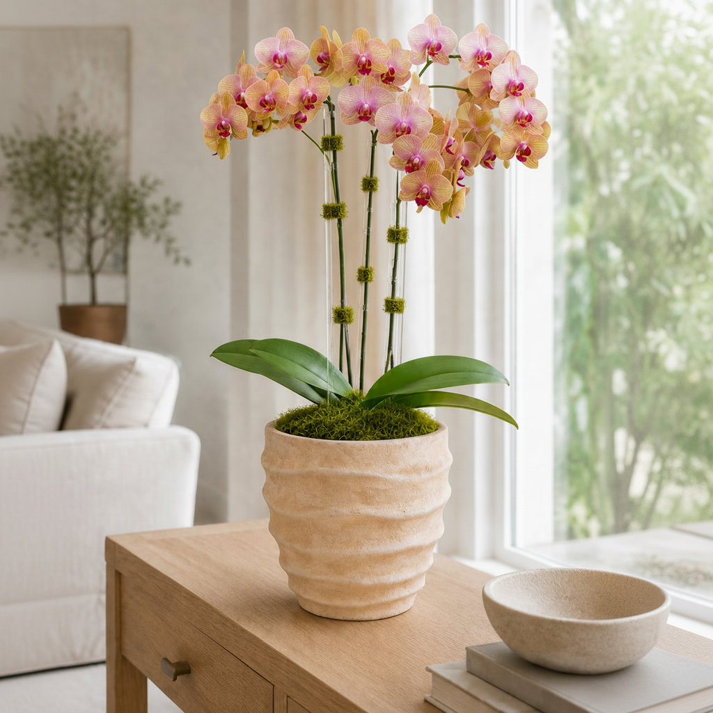 A potted orchid plant with pale yellow and pink flowers sits on a light wood table in a bright, modern living room. The orchid is in a textured beige ceramic pot with green moss, and the background shows a white sofa and a window.