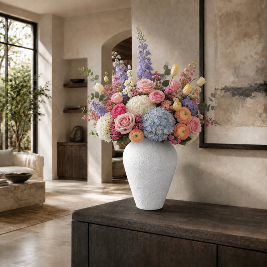 A large white textured ceramic vase filled with a colorful artificial flower arrangement, displayed on a dark wooden console table in a modern, sunlit living room.