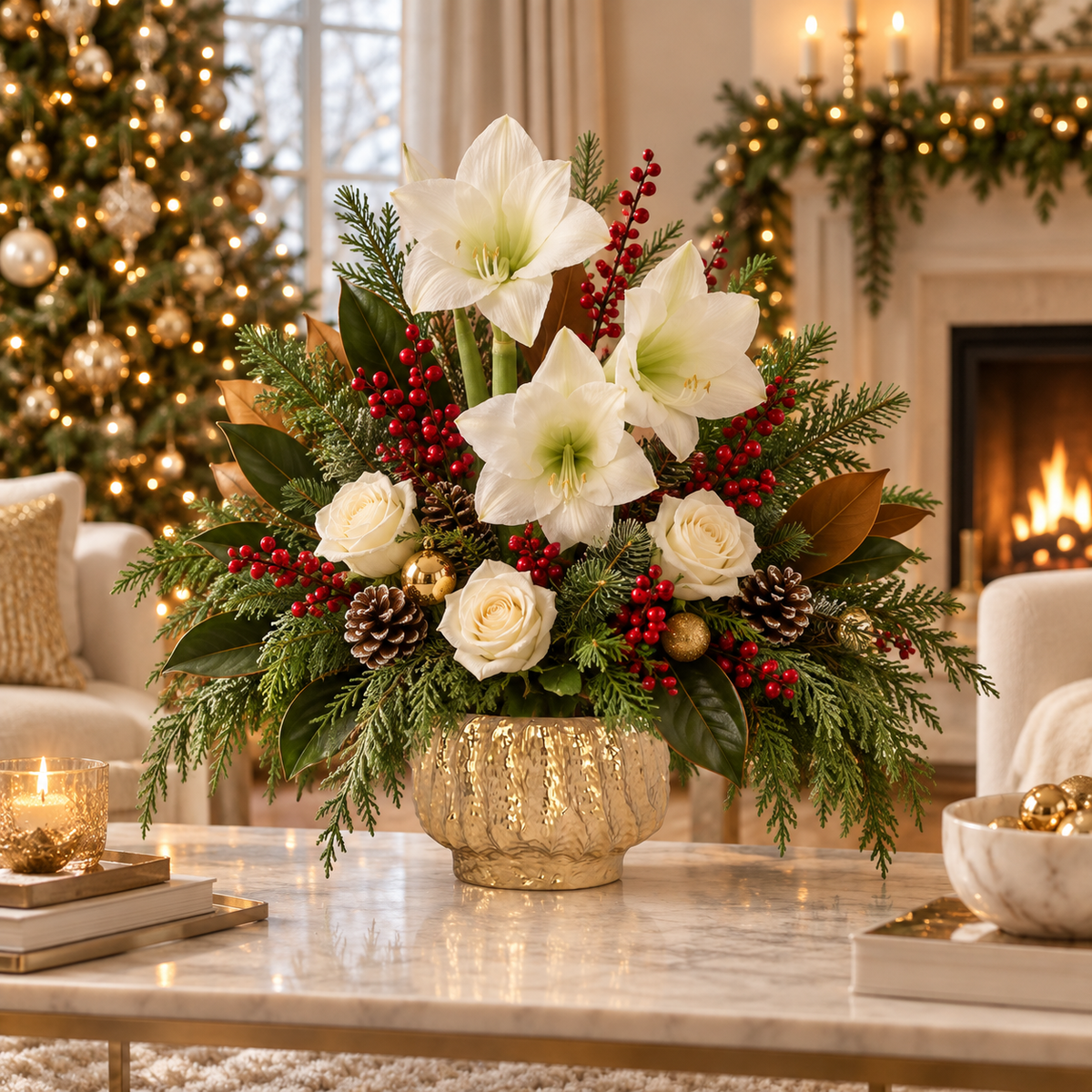 A festive holiday floral arrangement in a gold textured vase, featuring white lilies, white roses, red berries, pinecones, and green foliage, displayed on a marble coffee table in a cozy living room with a fireplace and Christmas tree in the background.