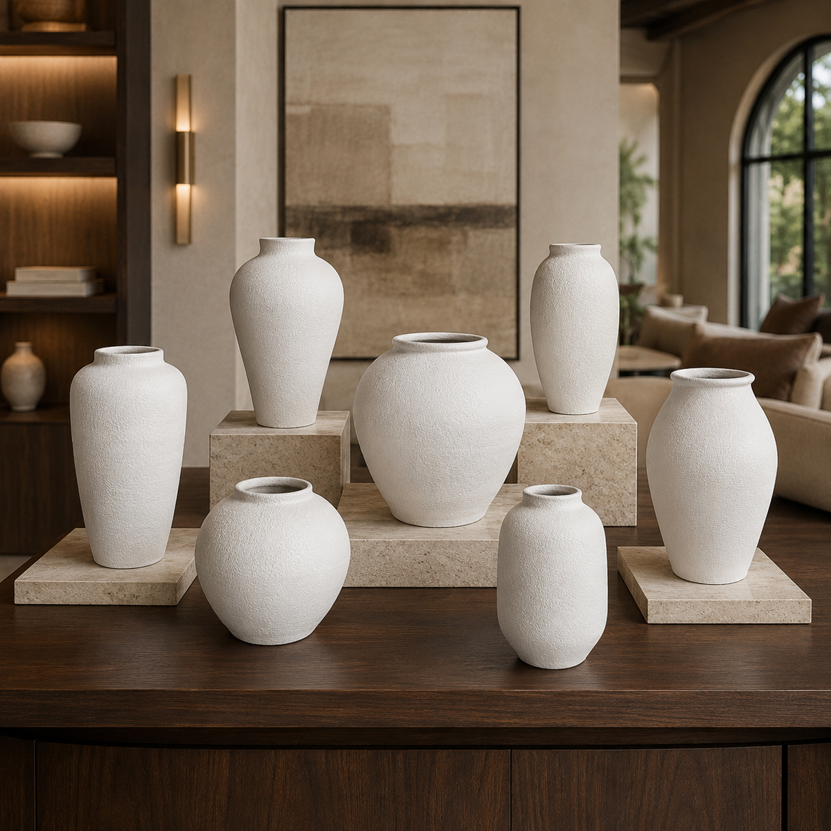 Seven matte white ceramic vases of varying shapes and sizes displayed on a dark wood mantel and matching pedestals in a modern, warm-toned living room setting.
