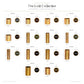 A catalog-style sheet titled 'The Gold Collection' showing multiple brass cylindrical vessels with labeled dimensions and circular front views, arranged on a white background.