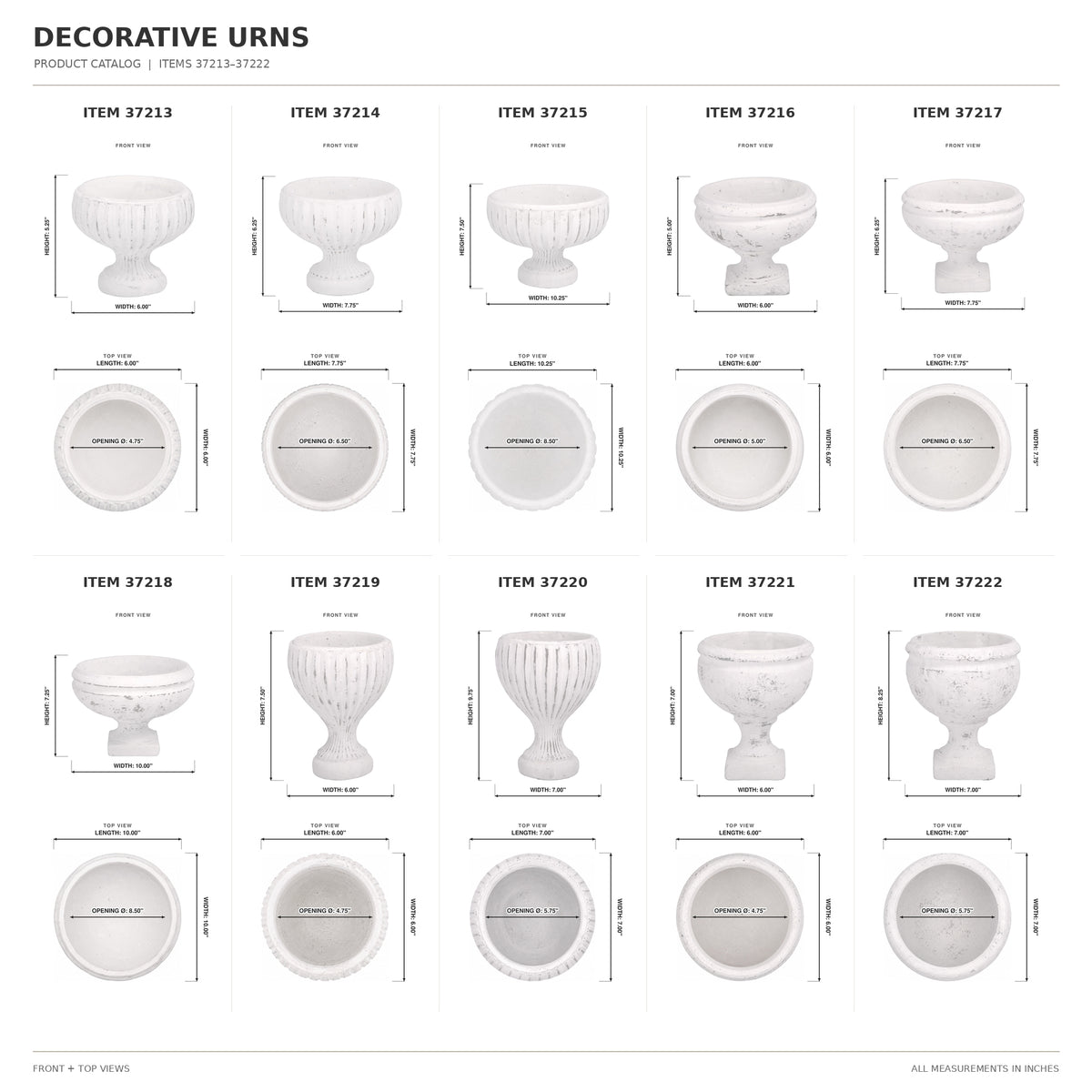 A product catalog sheet showing 12 different white decorative urns, each with front and top-down dimension diagrams and item numbers ranging from 37213 to 37222.