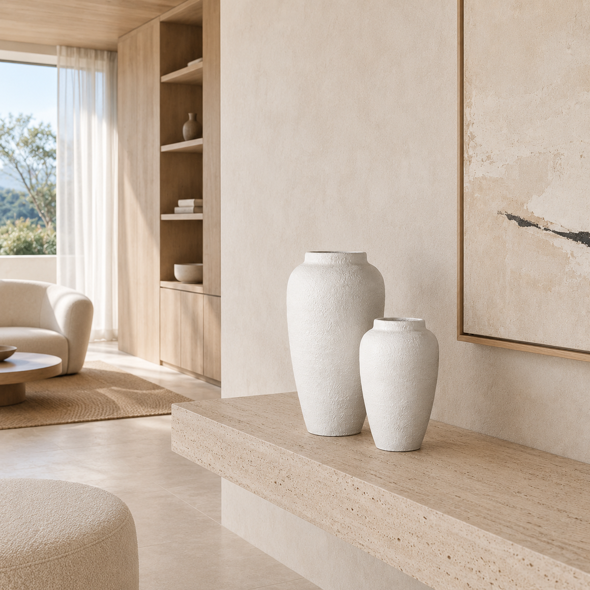Two textured off-white ceramic vases displayed on a light stone console table in a modern, minimalist living room with warm beige walls and wood shelving.