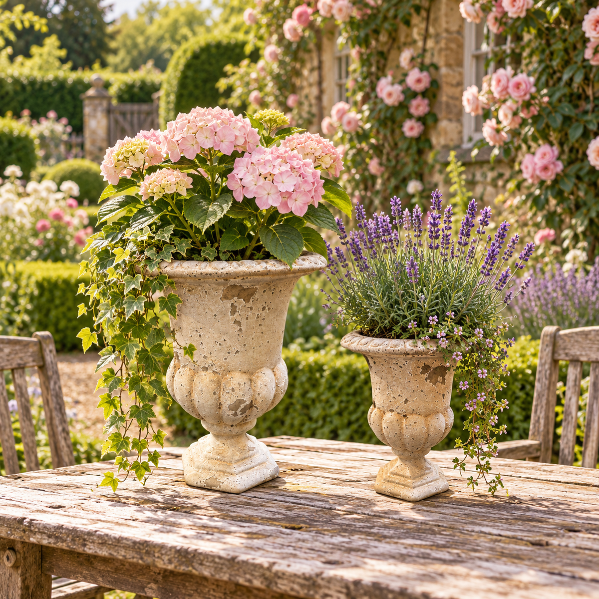 Two ornate beige stone planters on a rustic wooden table in a garden setting, one filled with pink hydrangeas and ivy, and the other with lavender.