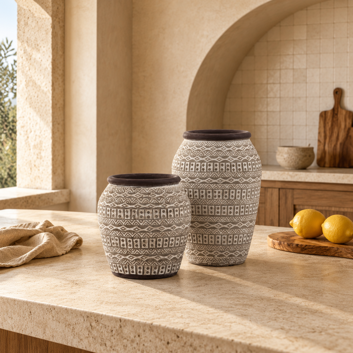 Two patterned ceramic canisters with dark rims, displayed on a stone kitchen counter with lemons and a towel in a warm, sunlit kitchen setting.
