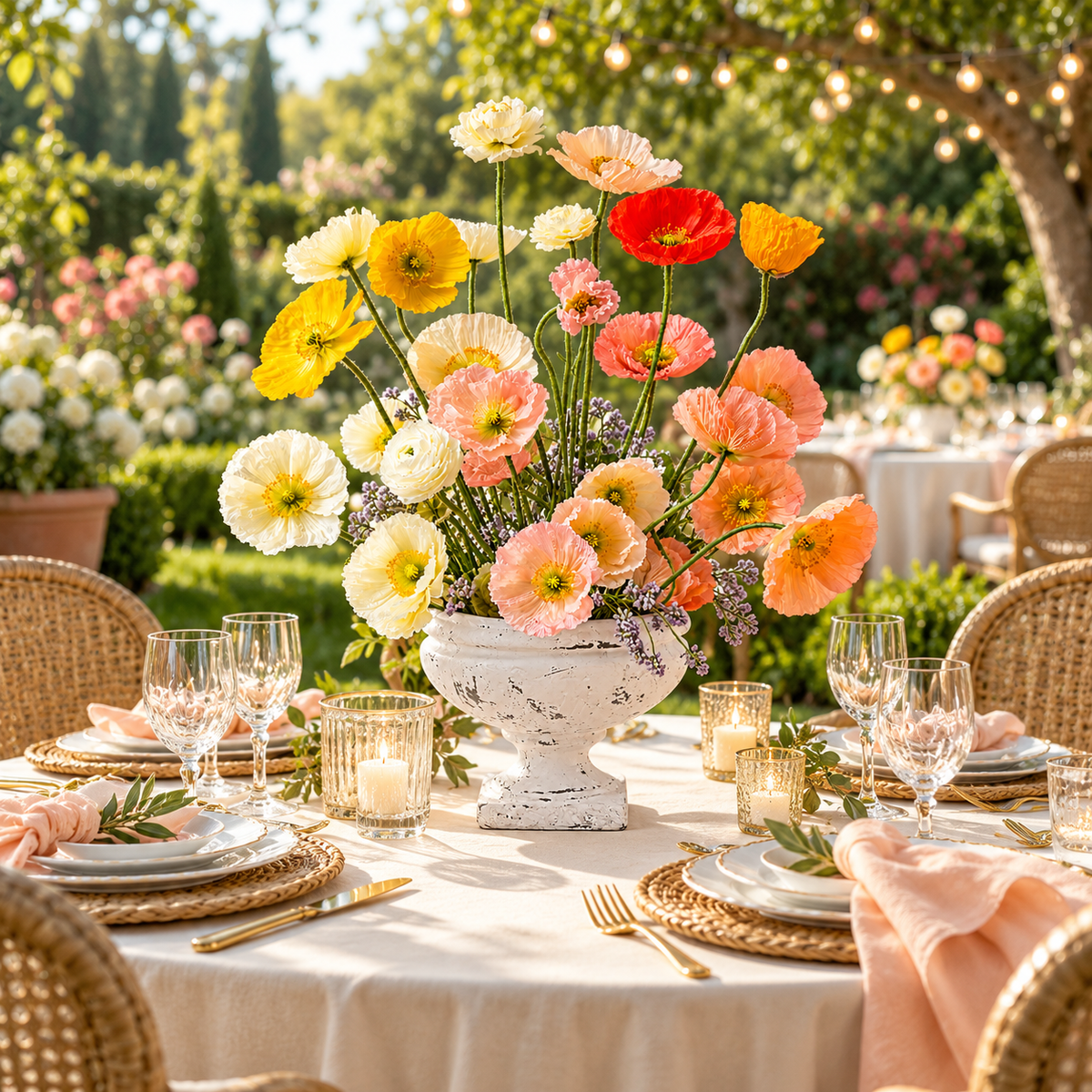 A large floral centerpiece arrangement in a white urn-shaped vase, featuring yellow, orange, red, and peach flowers, set on a white tablecloth at an outdoor garden wedding reception.