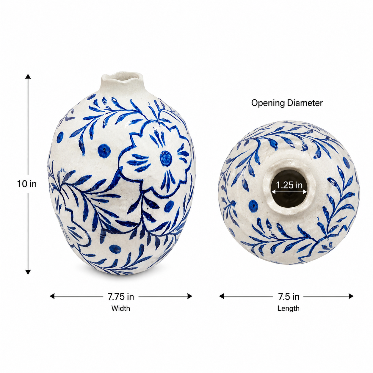 STILL IN PORT - Globular Ceramic Vase With Pinched Neck and Stylized Cobalt Floral Motif Blue