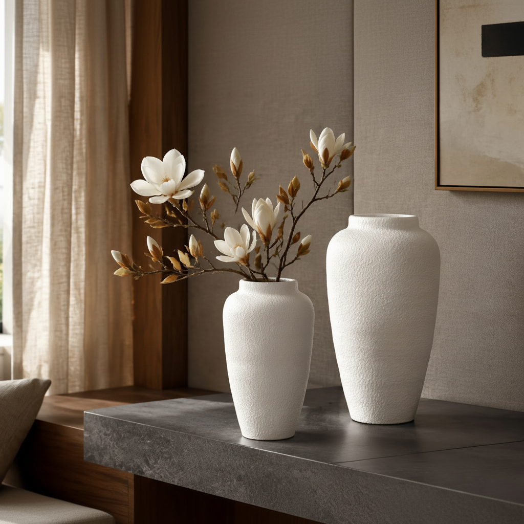 Two textured white ceramic vases, one short with white magnolia blossoms and one tall, displayed on a dark gray stone table in a modern, neutral-toned interior.