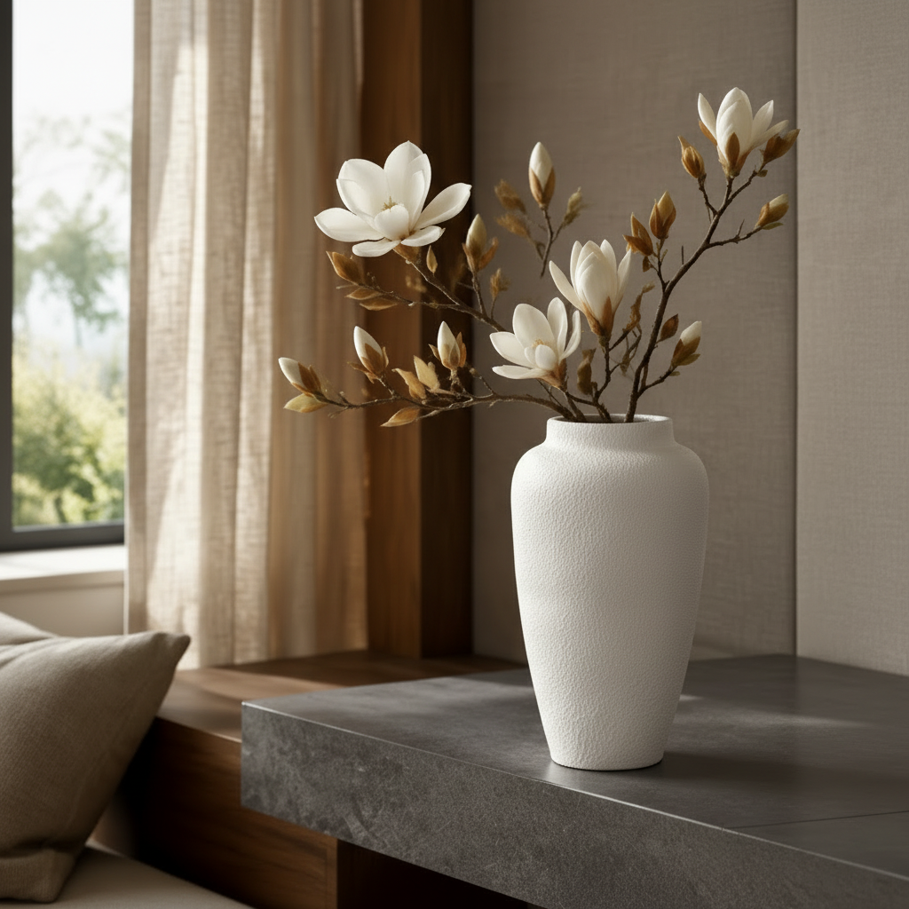A white textured ceramic vase filled with white magnolia blossoms and brown buds, placed on a dark gray stone console table in a modern, neutral-toned living room.