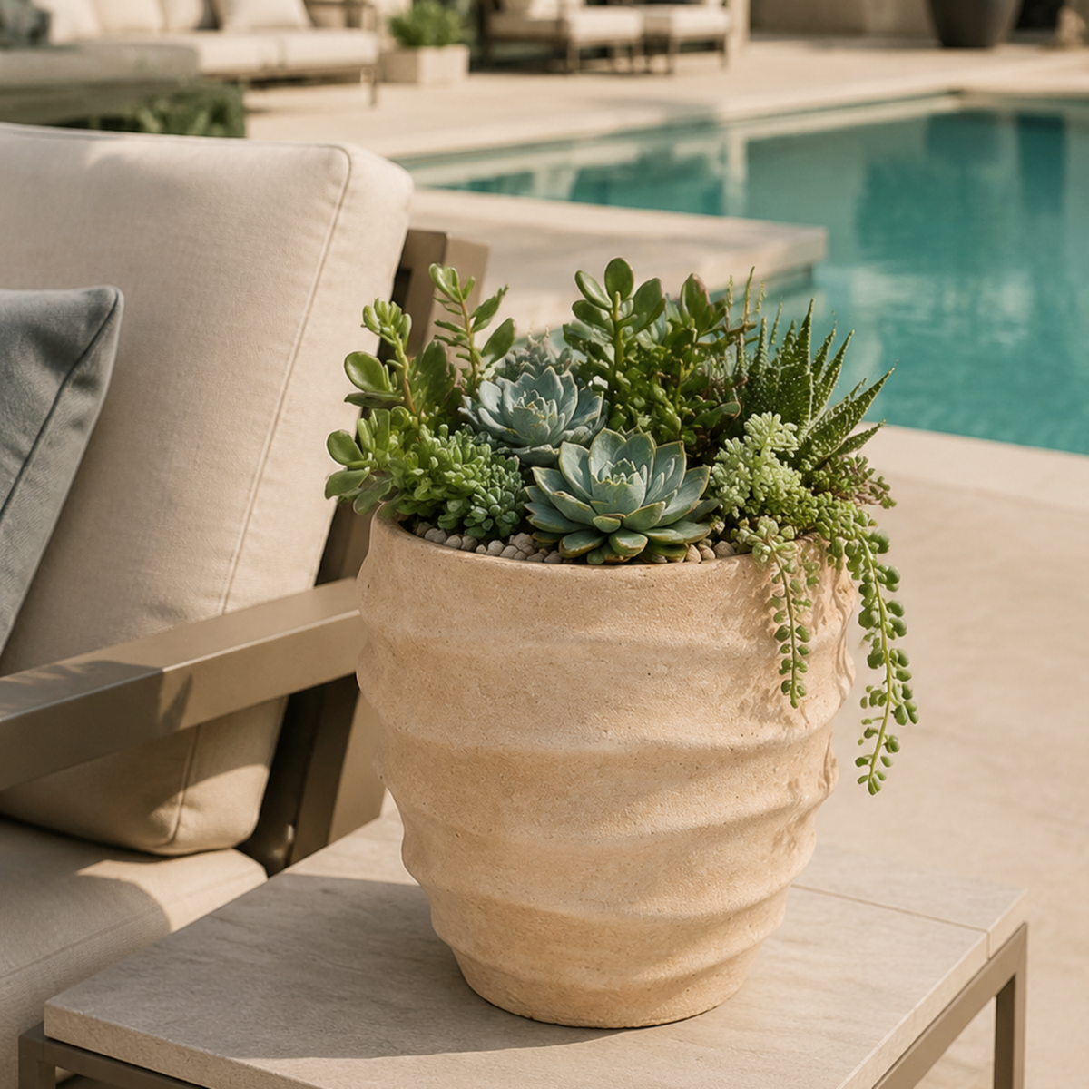 A beige textured planter filled with assorted green succulents and small cacti, styled on a patio table next to a beige outdoor lounge chair with a swimming pool in the background.