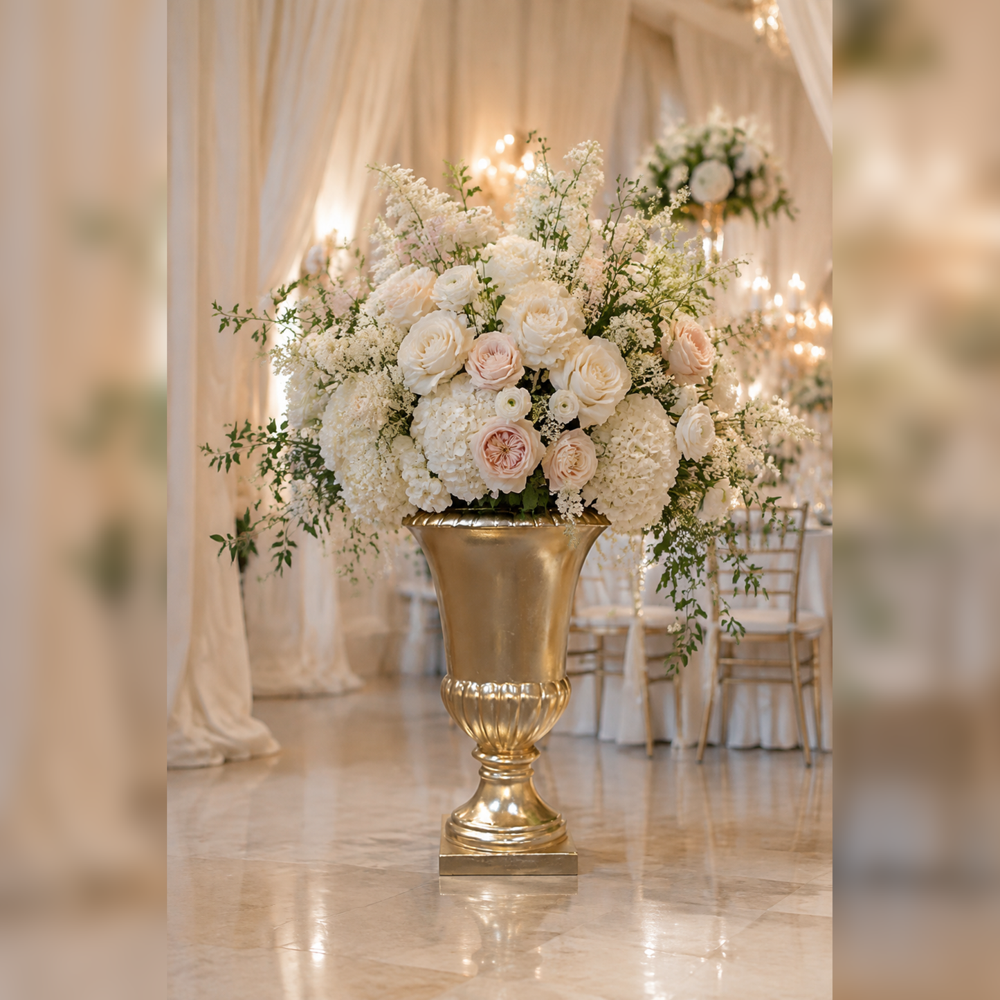 A large floral arrangement in a tall metallic gold urn vase, set in a decorated event hall with draped white fabric and warm chandeliers in the background.